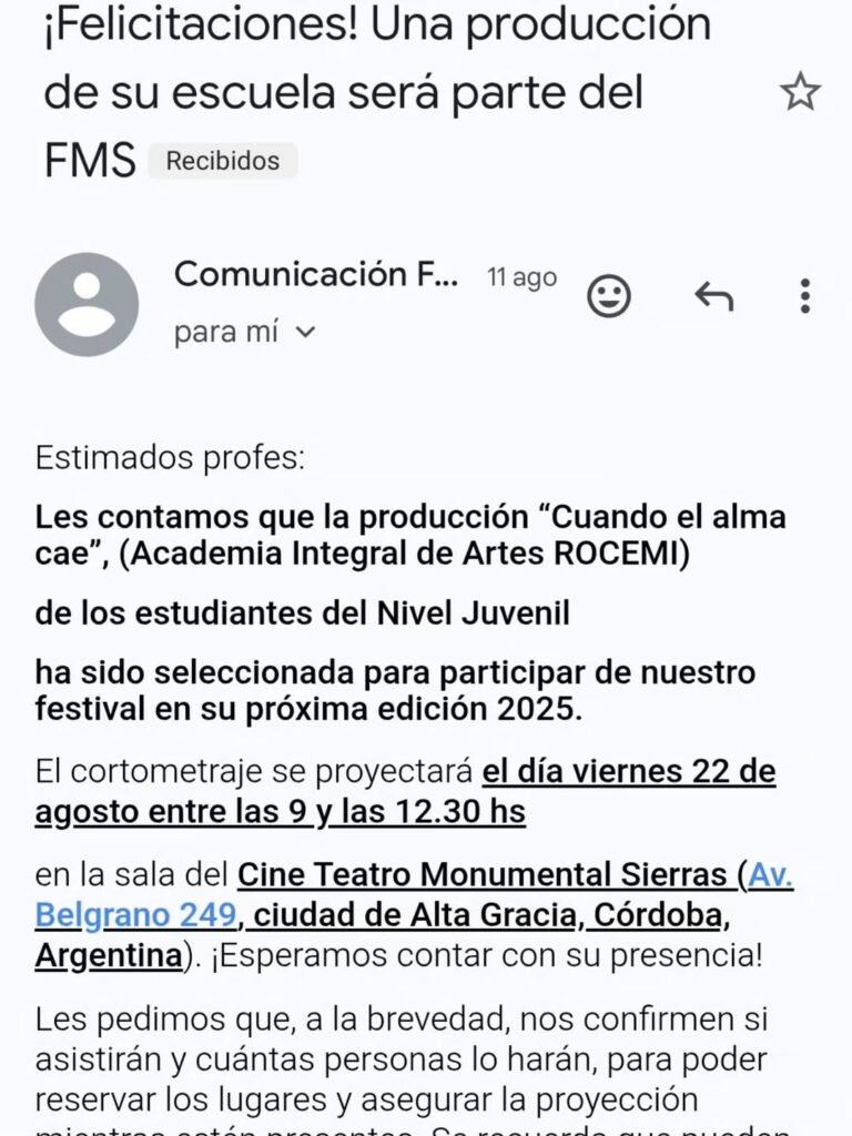 Producción juvenil ROCEMI Films en festival de cine en Argentina